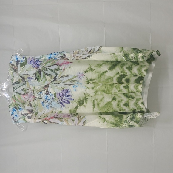 Tank Top Tunic Hip Length Sleeveless Pastel Floral Print On White Lace Trim EUC - Picture 5 of 11